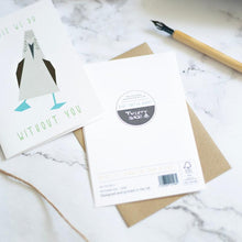 Load image into Gallery viewer, Blue footed boobie illustration on greetings card. showing front and back of card.
