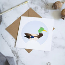 Load image into Gallery viewer, geometric illustration of a mallard duck on a greetings card.