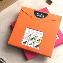 Load image into Gallery viewer, Orange box of Greetings cards with geometric bird designs