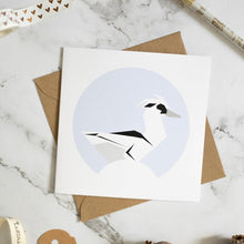 Load image into Gallery viewer, geometric illustration of a smew duck on a greetings card.