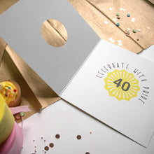 Load image into Gallery viewer, Greeting card with &#39;Celebrate with Pride&#39; and number 40 design, next to a cupcake and cake on a wooden surface.
