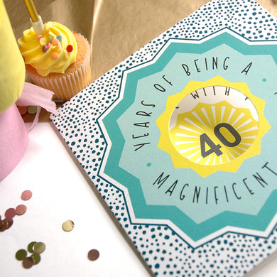 40th birthday card with cupcake and confetti on a white background
