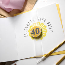 Load image into Gallery viewer, Greeting card with &#39;Celebrate with Pride 40&#39; design on a white surface.