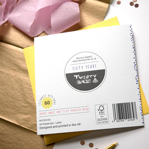 back of card with branding and design details on a wooden surface