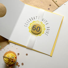 Load image into Gallery viewer, Greeting card with &#39;Celebrate with Pride&#39; and number 60 design, surrounded by confetti and a cupcake.
