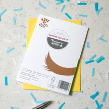 Load image into Gallery viewer, A printed card titled 'Amazing you didi it' by Twenty Birds, placed on top of a yellow envelope on a light speckled surface with scattered blue and white confetti. The product itself is the printed card, not the confetti.
