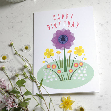Birthday card with floral design and 'Happy Birthday' text on a light background