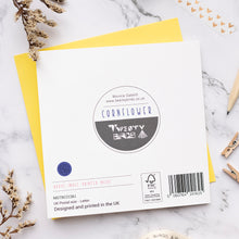 Load image into Gallery viewer, Back of cornflower card with barcode and FSC logo