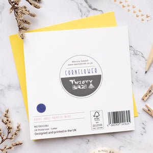 Back of cornflower card with barcode and FSC logo