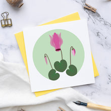 Load image into Gallery viewer, Greeting card with pink flower illustration on a marble surface