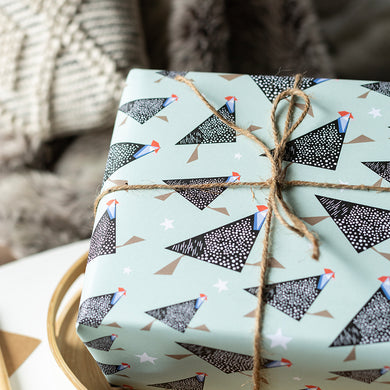 Gift box wrapped in paper with guineafowl bird pattern and tied with twine against a blurred background