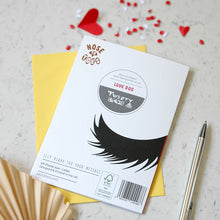 Load image into Gallery viewer, A flat-lay photograph of a white greetings card with a black dogs tail placed on top of a yellow envelope. The card is labeled 'Love Dog - by Tweny Birds'.