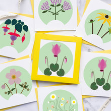 Load image into Gallery viewer, A grould of 6 card designs. these square cards feature geometric flower illustrations.