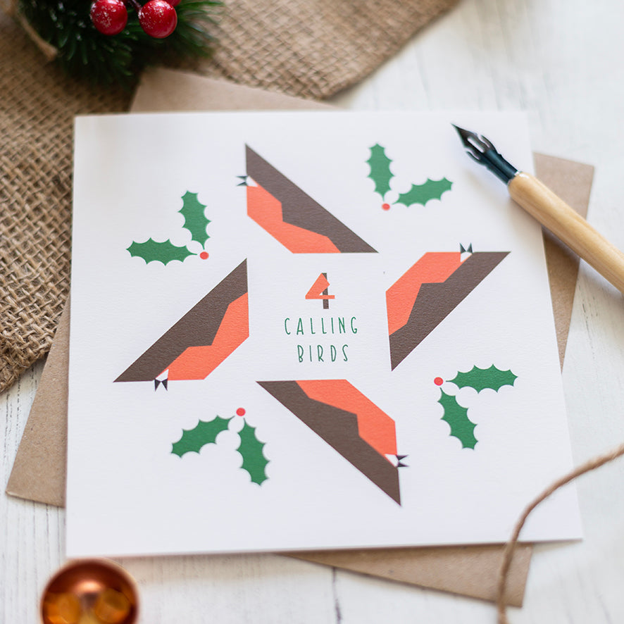 Four calling birds greetings card with four geometric robins and sprigs of holly