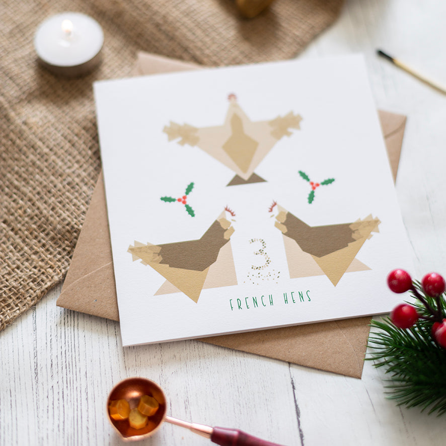 Three french hens greetings card with the number 3 constructed out of grain