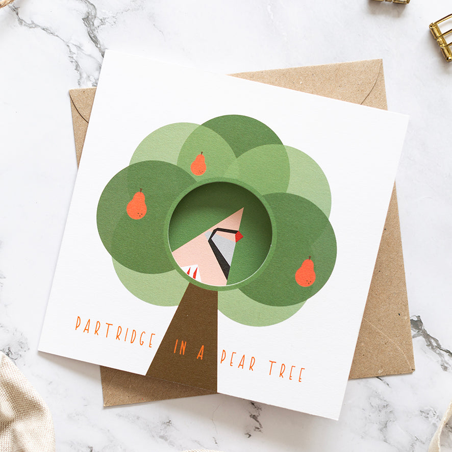 Partridge in a pear tree card with cut out circle