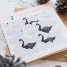 Load image into Gallery viewer, Seven swans swimming geometric greetings card